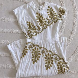 Vintage Original Franklin Chicago White Linen Midi Dress w/ Detailed Embroidery